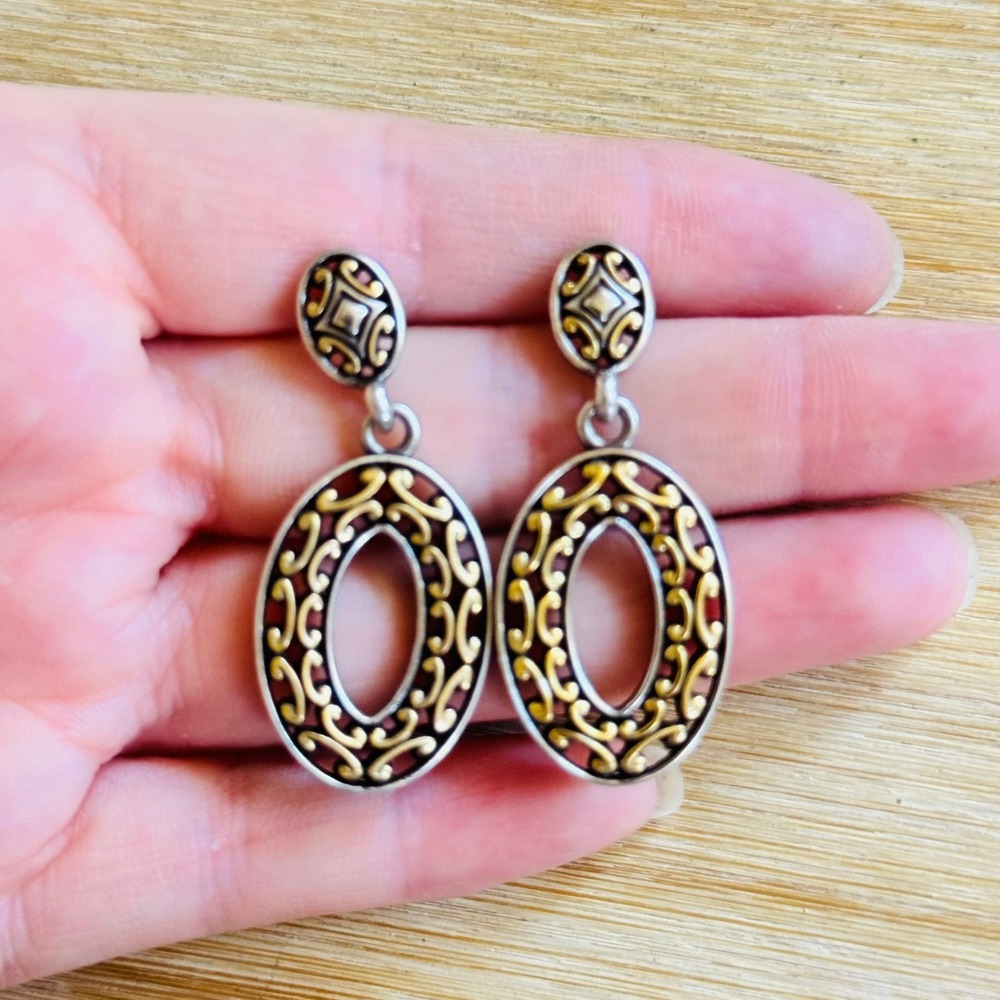 Brighton Seville Earrings Hoop Dangle Two Tone Gold Silver Plated Signed Pierced
